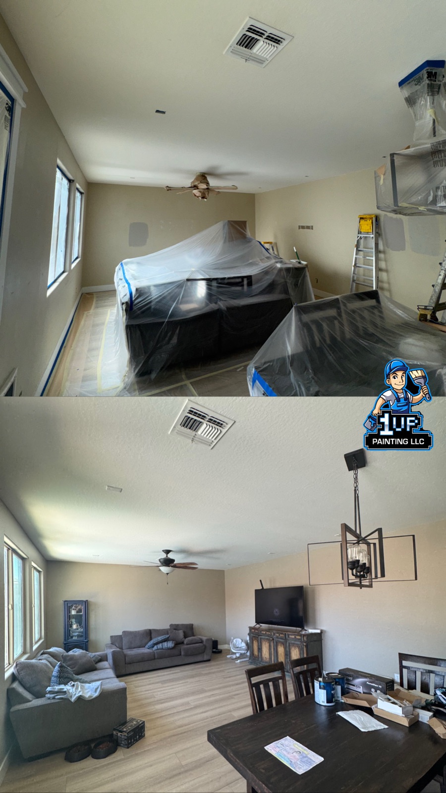 Living room before-and-after: furniture covered during the repaint, then the finished room