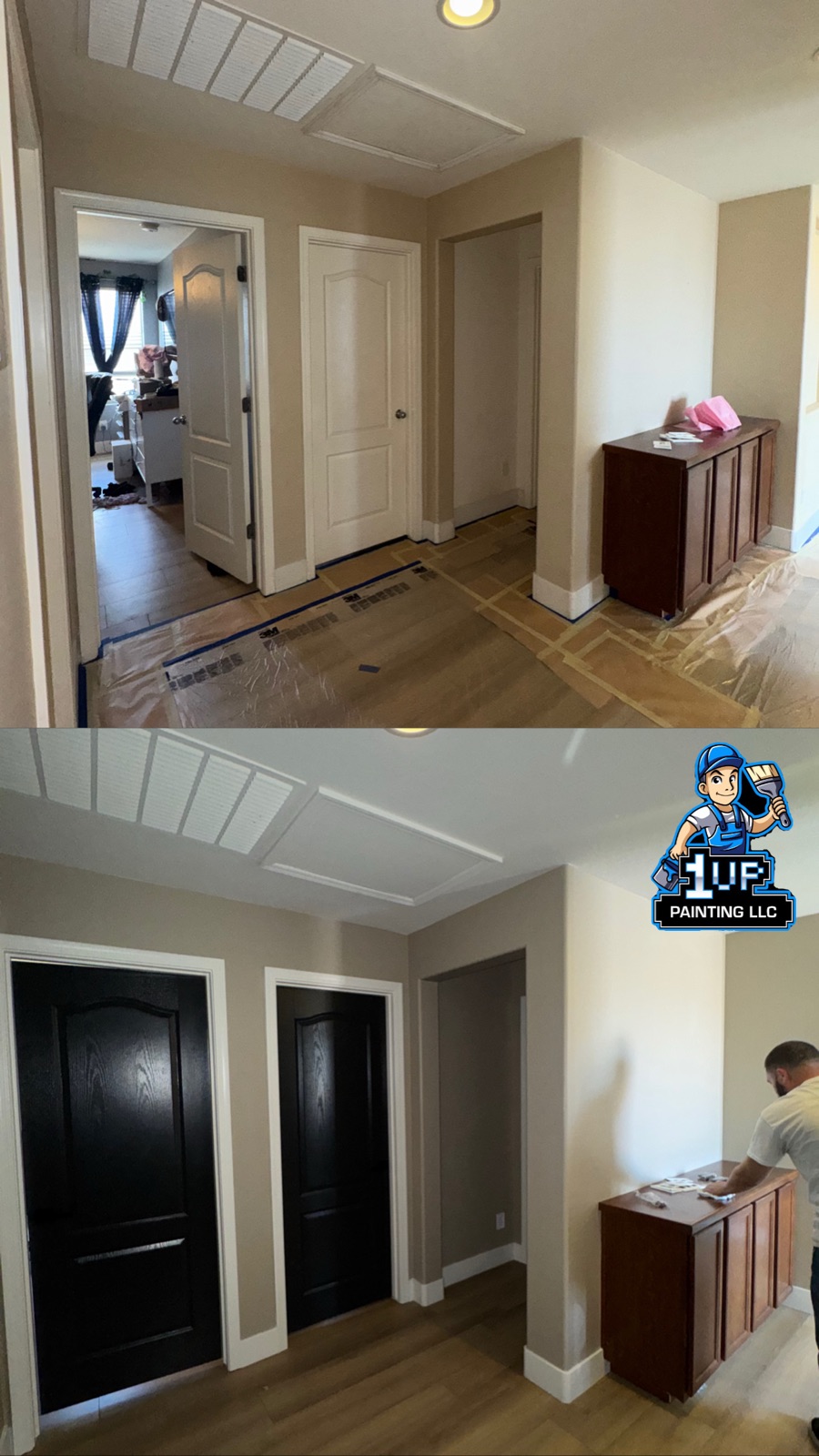 Hallway before-and-after with fresh walls and black refinished doors