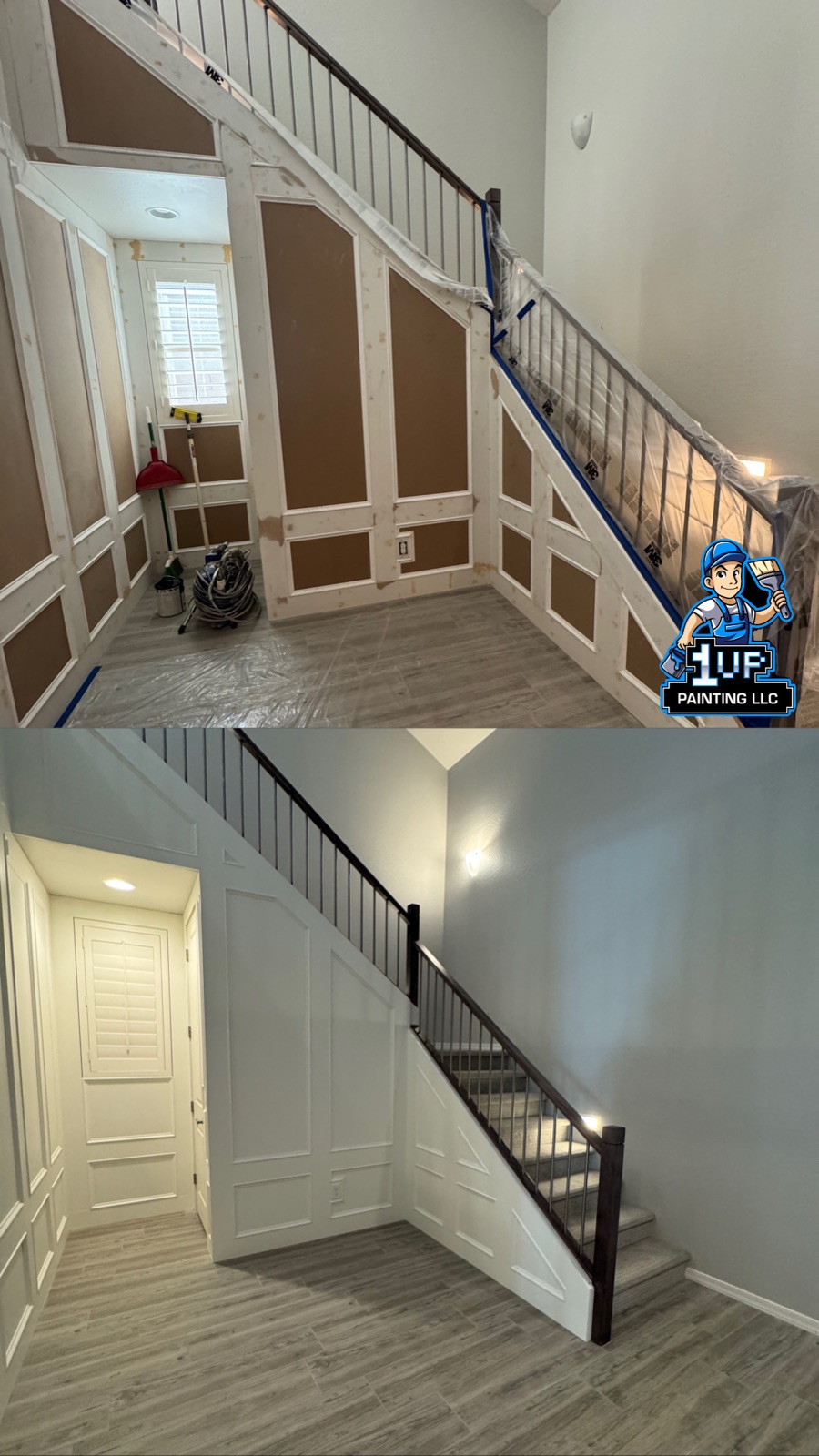 Staircase before-and-after: masked and papered mid-job, finished with white wainscoting and a black handrail