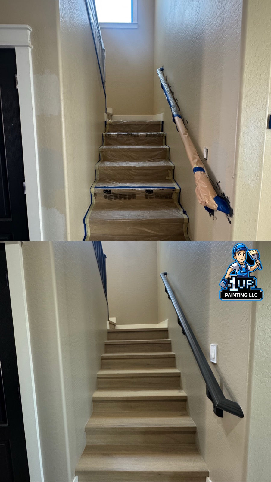 Stair rail before-and-after: taped and prepped, then refinished in black