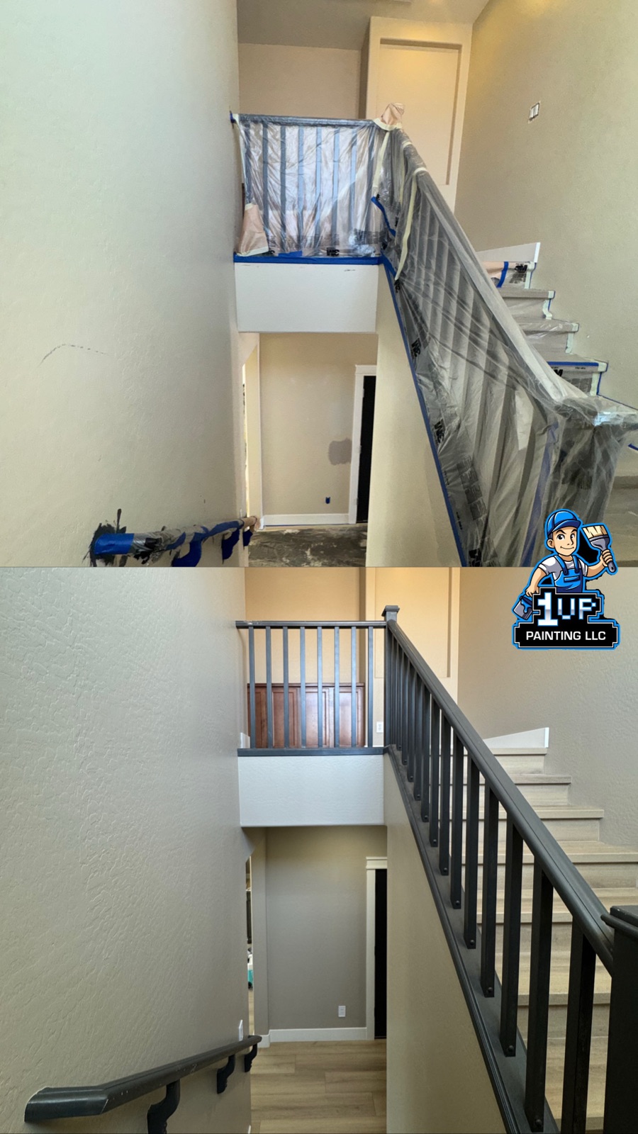 Upstairs landing before-and-after: masked mid-job, then the finished space