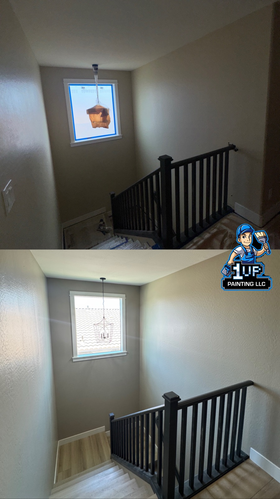 Stairwell landing before-and-after: tan walls repainted a modern greige