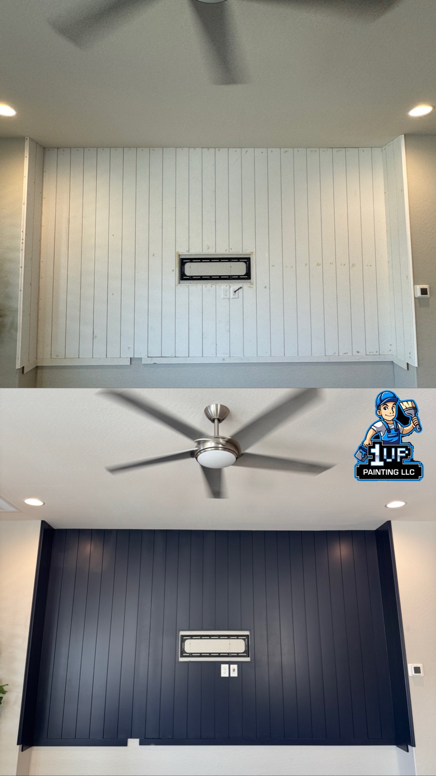 Bedroom shiplap wall before-and-after: white panels repainted deep navy