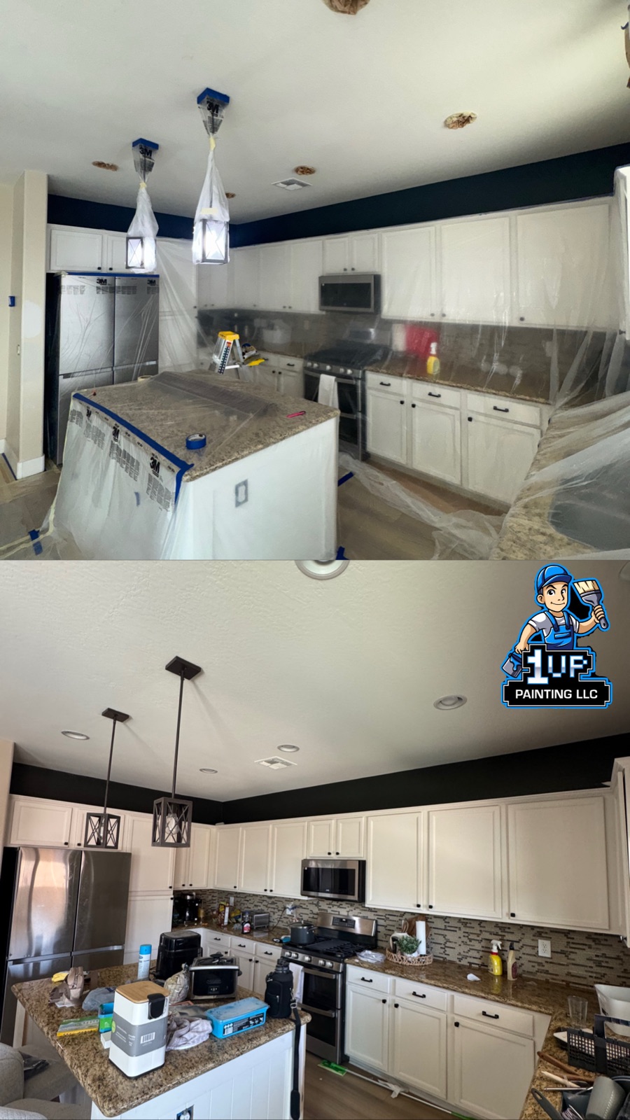 Kitchen before-and-after: masked mid-job, finished with white cabinets and a navy accent soffit